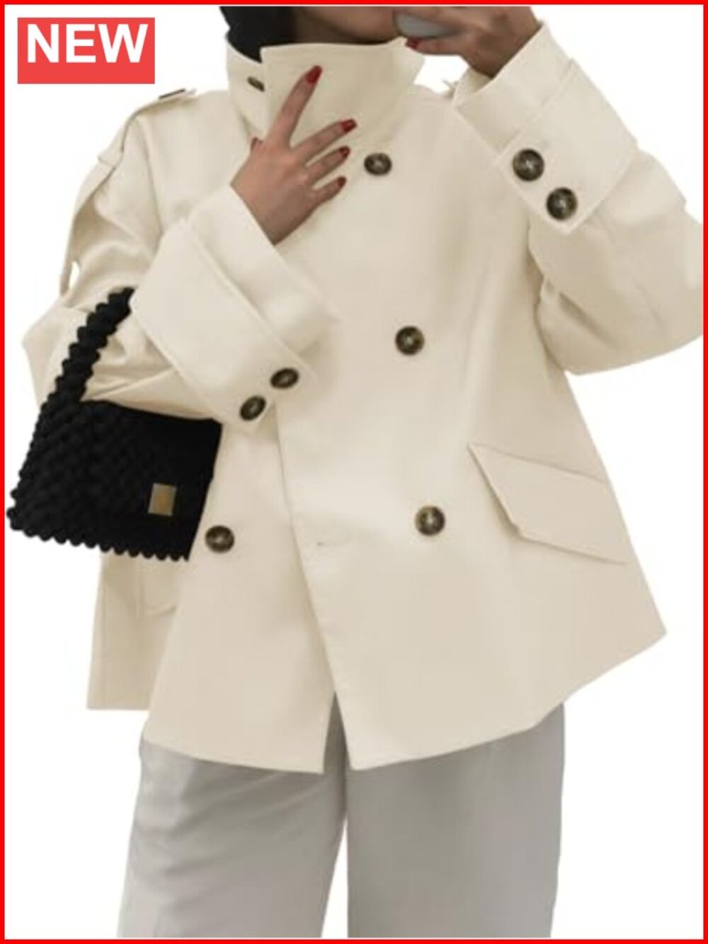 Womens Cropped Trench Coat Double Breasted Oversized Windproof Jacket